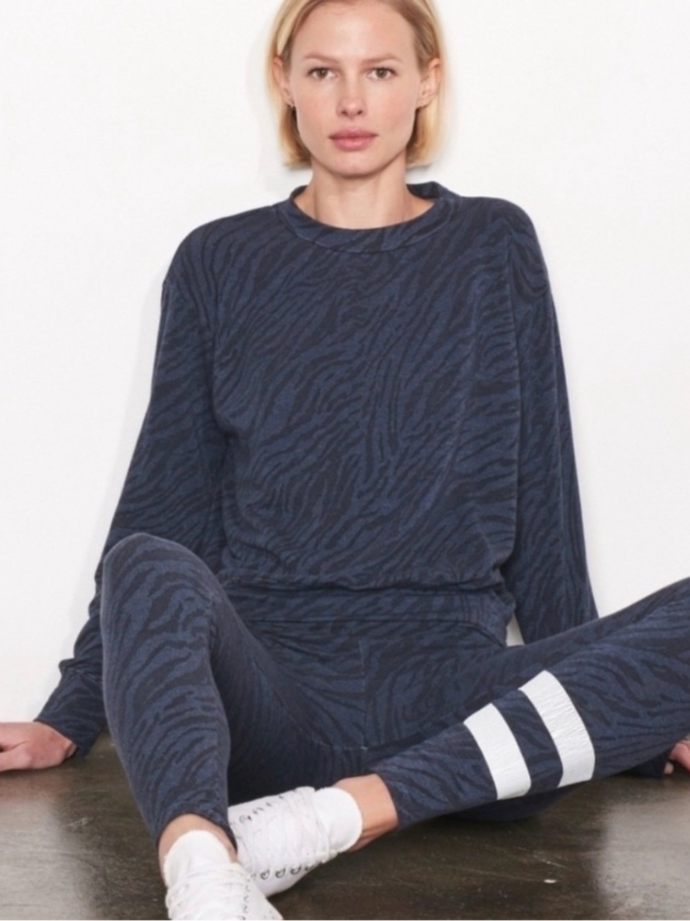 Women’s Navy Blue Zebra-Print Long Sleeve Pajama Set